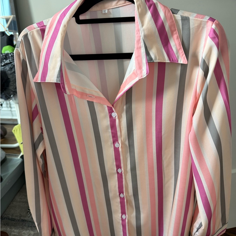Women's Vertical Stripe Button-Down Shirt in Pink, Peach & Gray